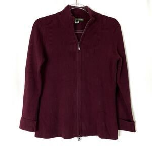 Eddie Bauer | Zip Up Sweater Maroon Pima Cotton Ribbed Knit Womens Large PETITE